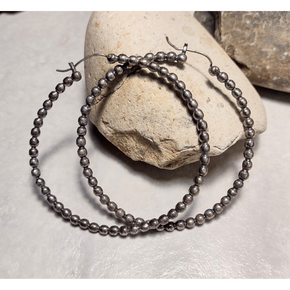 3" Vintage Silver tone Ball Bead Big Hoop Dangle Earrings - Picture 4 of 7